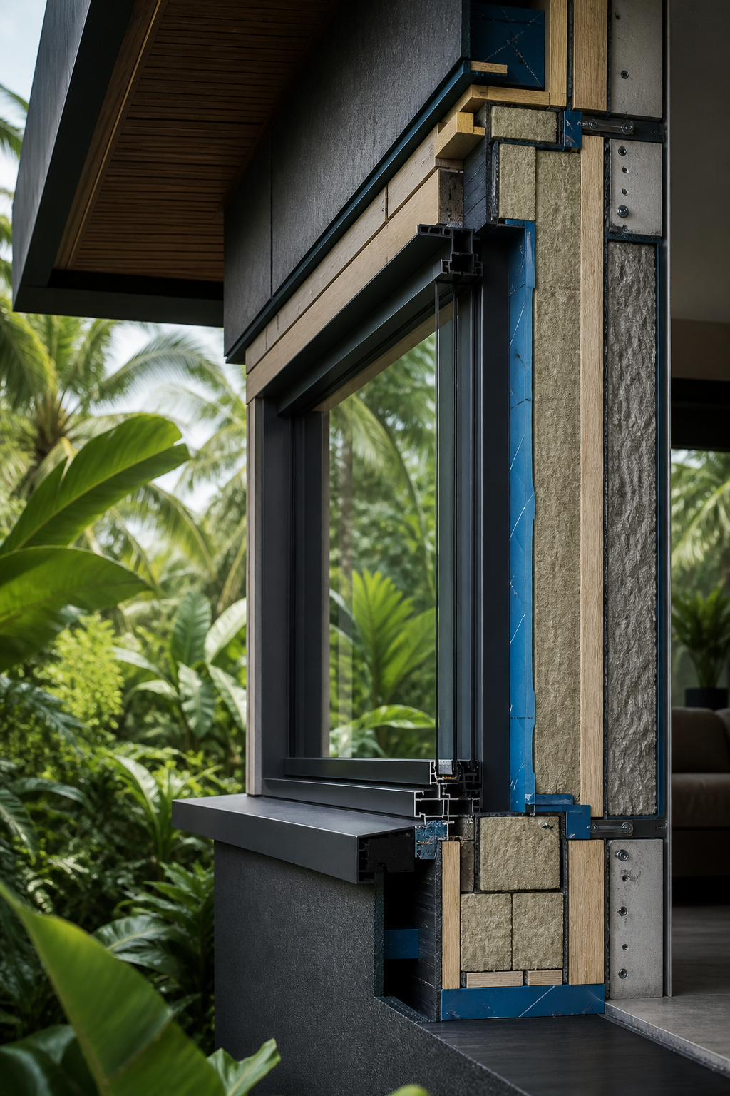 Cutaway view of a window and wall assembly on a modern tropical home, showing insulation and airtight construction