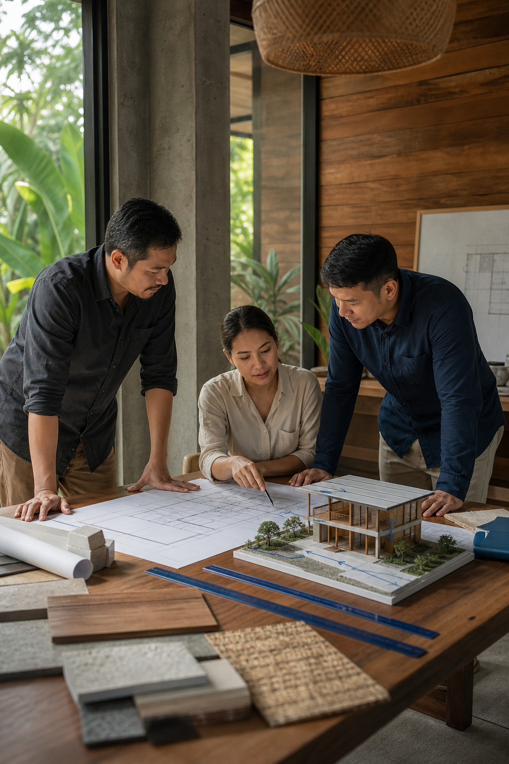 Filipino builders and architects reviewing blueprints and PHPP energy-modeling results in a modern tropical home office