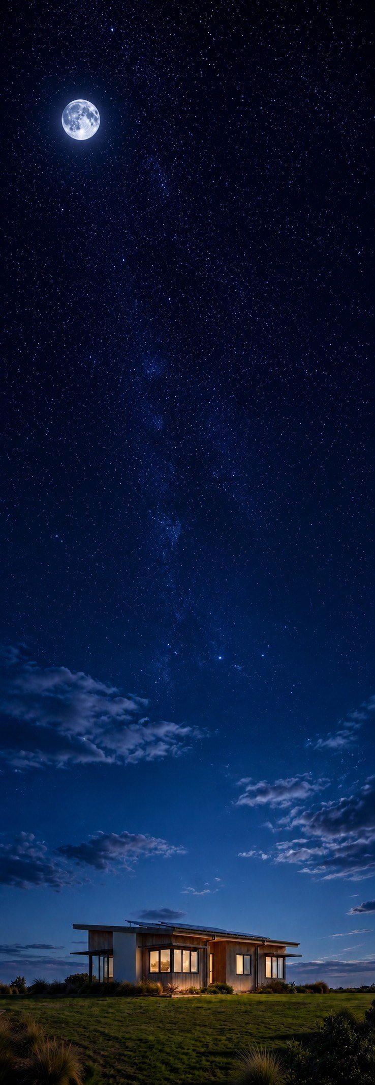 Same Passive House glowing under a starry night sky with a full moon, portrait view